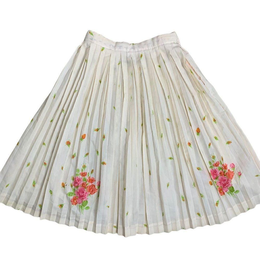 Vintage Accordion Pleat Swing Skirt S Pink Rosette Knee Length Pinup Rockabilly